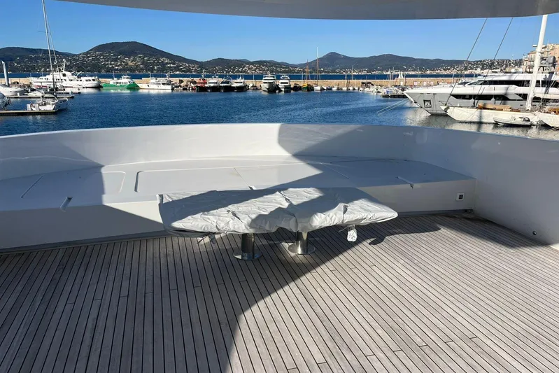  Yacht Photos Pics Spacious deck of 2024 Explorer ICE yacht, overlooking marina with mountains in background.