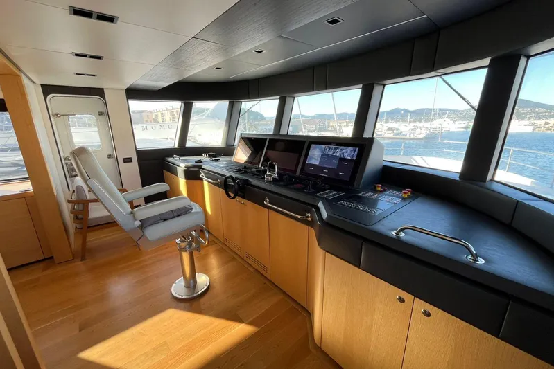  Yacht Photos Pics 2024 Explorer ICE yacht helm with panoramic windows and modern navigation controls.