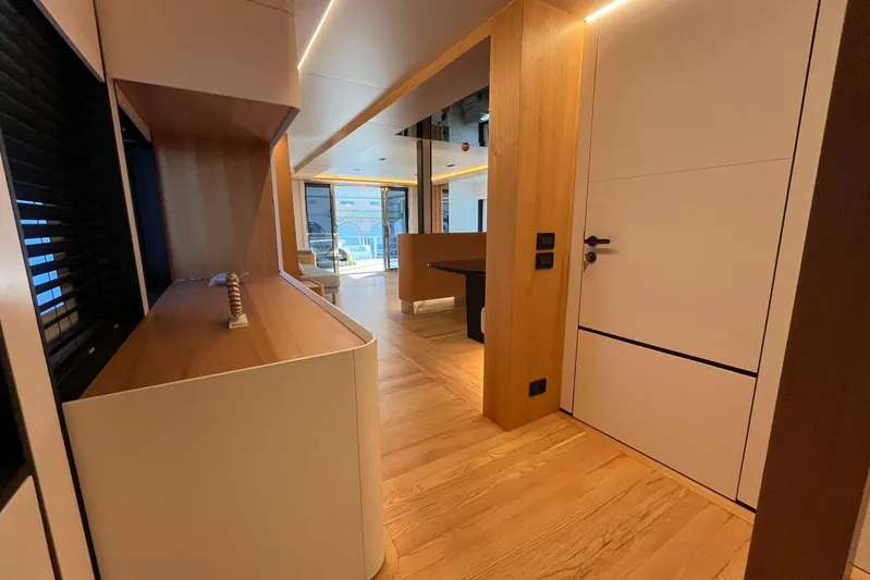  Yacht Photos Pics Modern interior of 2024 Explorer ICE yacht, featuring sleek wood finishes and contemporary design.