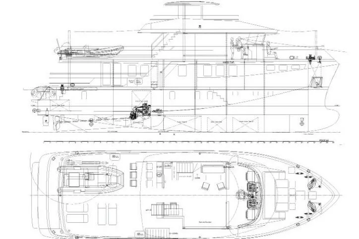  Yacht Photos Pics Blueprint of 2024 Explorer ICE yacht, showcasing detailed side and top views.