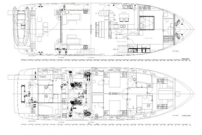  Yacht Photos Pics 2024 Explorer ICE yacht floor plan with detailed layout of main and lower decks.