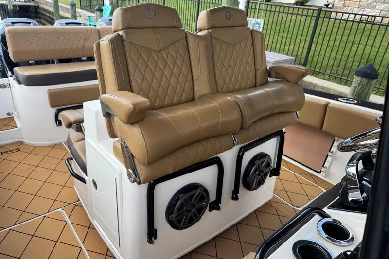  Yacht Photos Pics Luxurious seating on 2020 Fountain 38 Center Console boat with tan leather upholstery.