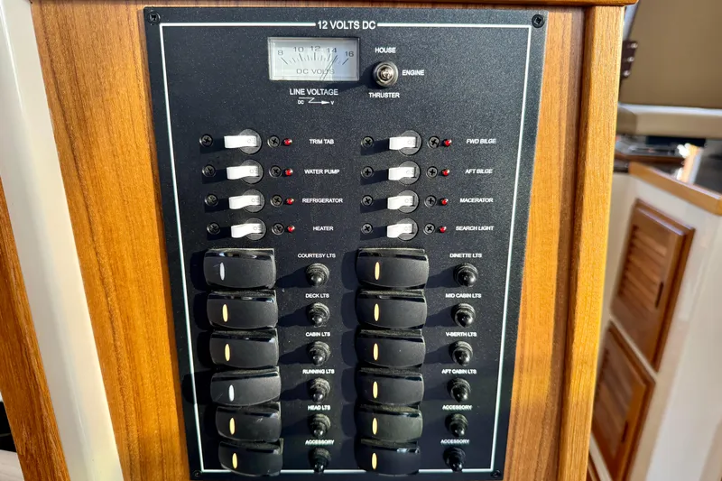  Yacht Photos Pics Control panel of 2025 Ranger Tugs R-31 CB with switches and voltage meter.