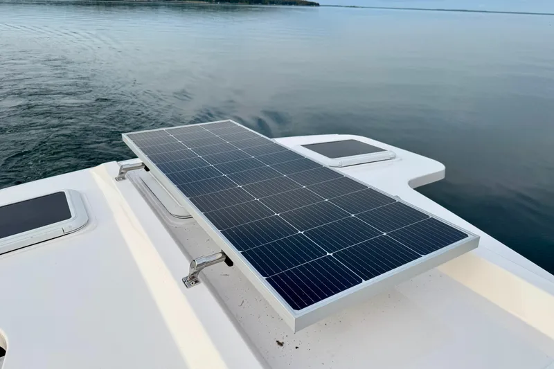  Yacht Photos Pics Solar panel on 2025 Ranger Tugs R-31 CB boat, floating on calm water.