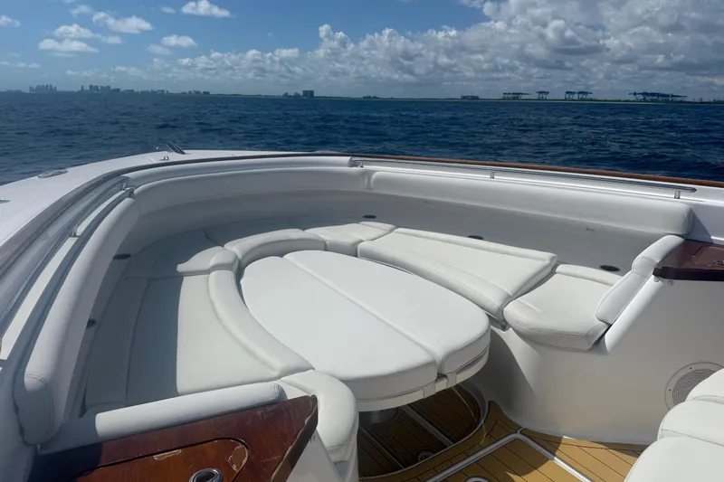 Yacht Photos Pics Luxurious seating on 2021 HCB 65 Estrella yacht, ocean view, clear skies.