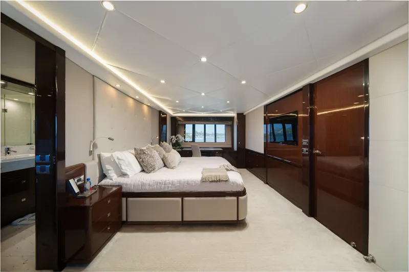Current Sea Yacht Photos Pics Luxurious bedroom interior of 2011 Princess 95 Motor Yacht with modern design.