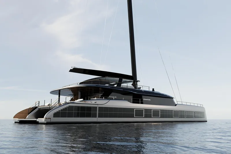  Yacht Photos Pics Luxury Sunreef 43M yacht on calm sea, 2026 model, sleek design.