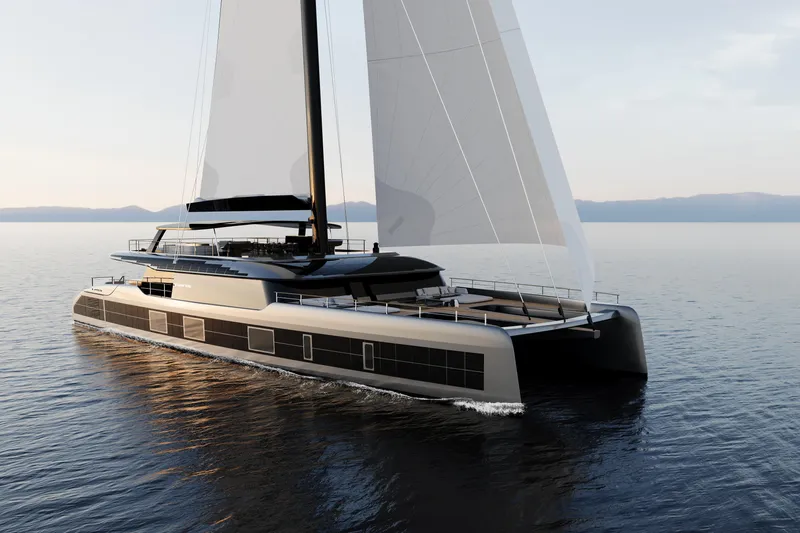  Yacht Photos Pics Luxurious Sunreef 43M yacht sailing at sunset, showcasing sleek design and modern elegance, 2026 model.