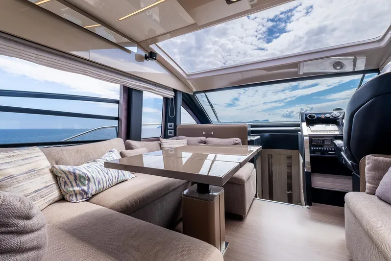  Yacht Photos Pics Luxurious interior of 2020 Cranchi E 52S Evoluzione yacht with panoramic views.