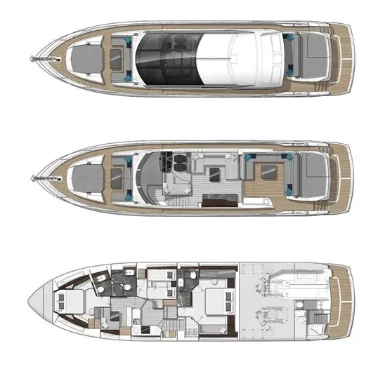  Yacht Photos Pics Floor plan of 2020 Sunseeker Predator 74 XPS luxury yacht, showcasing three levels.