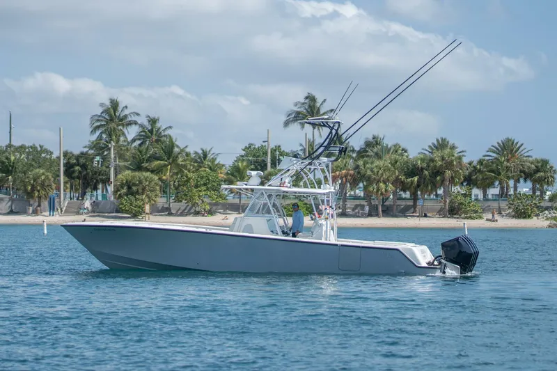 Zero Beach Yacht Photos Pics 2021 SeaVee 390Z boat on water with palm trees in background.