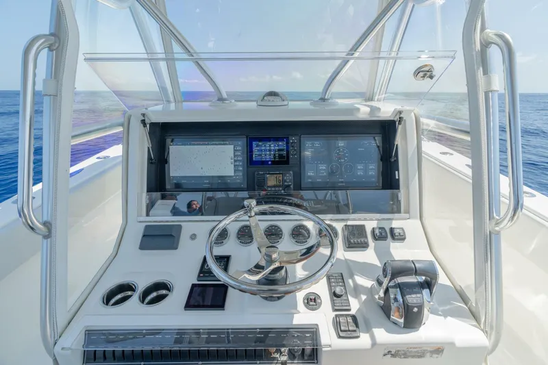 Zero Beach Yacht Photos Pics 2021 SeaVee 390Z boat dashboard with advanced navigation and control systems.