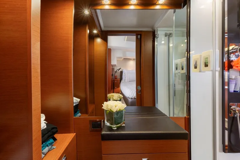 Florita Yacht Photos Pics Luxurious interior of 2016 Prestige 550 yacht with elegant wood finish and modern amenities.