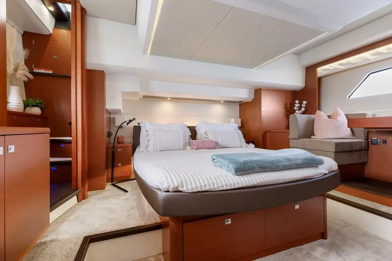 Florita Yacht Photos Pics Luxurious interior of a 2016 Prestige 550 yacht with modern bedroom design.