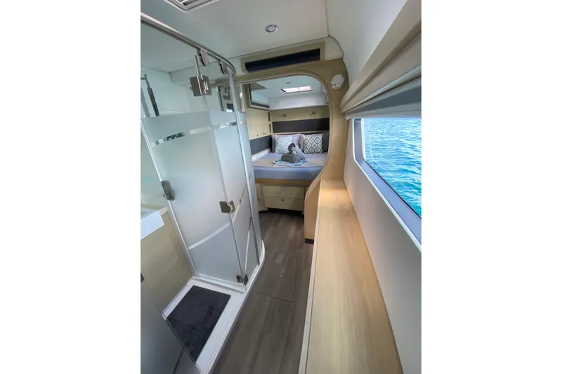 Weihaii Yacht Photos Pics Luxurious interior of 2023 Xquisite Yachts X5 PLUS, featuring modern design and ocean view.