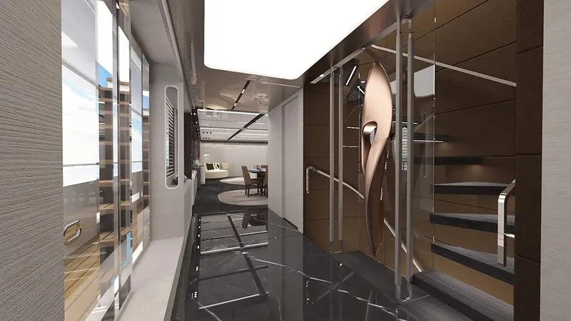  Yacht Photos Pics Luxurious interior of 2028 Inace Aventura 164 yacht with modern design and elegant staircase.