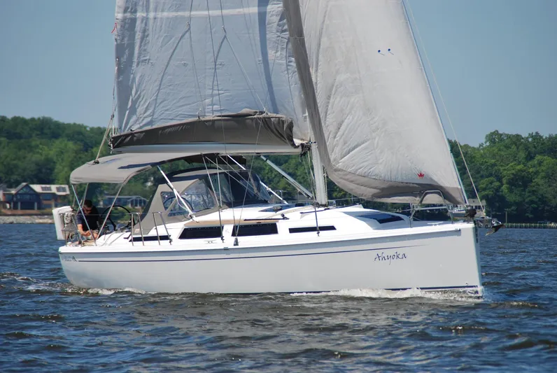 Ahyoka Yacht Photos Pics 2017 Hanse 345 sailboat cruising on a sunny day with lush green shoreline.