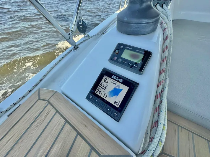 Ahyoka Yacht Photos Pics Cockpit of 2017 Hanse 345 sailboat with navigation instruments and winch.