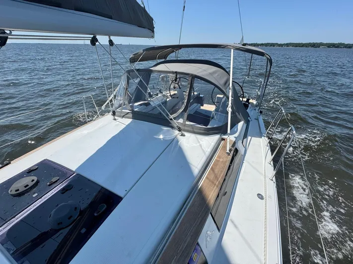 Ahyoka Yacht Photos Pics Sailing on a 2017 Hanse 345 yacht, cruising through open waters under clear skies.