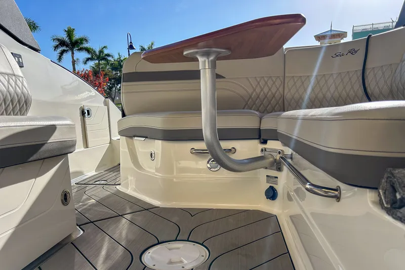 Nothing Matters Yacht Photos Pics Interior of 2023 Sea Ray SLX 260 Outboard with luxurious seating.