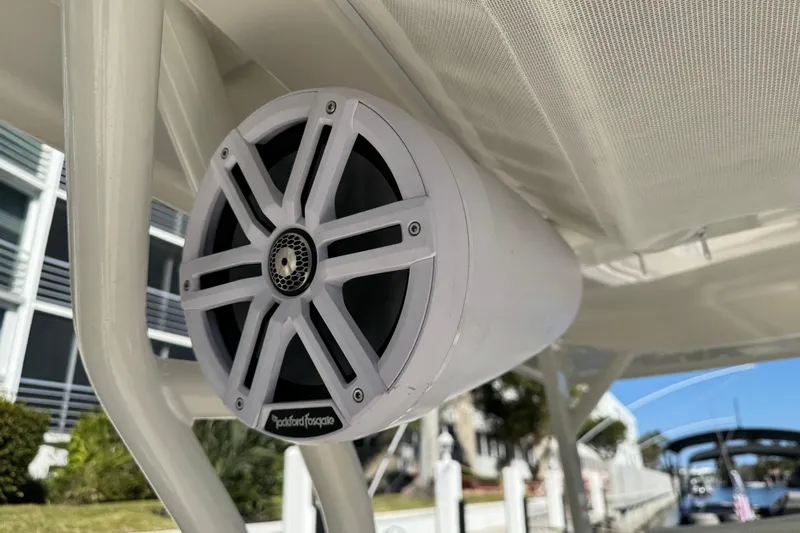  Yacht Photos Pics Close-up of a Rockford Fosgate speaker on a 2025 Sailfish 276 DC boat.