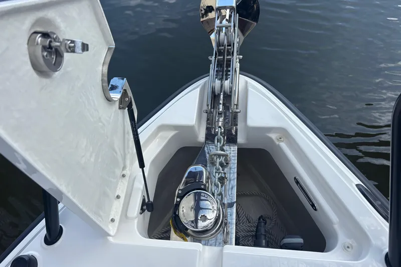 Yacht Photos Pics Anchor compartment of 2026 Navan C30 boat with open hatch and chain mechanism.