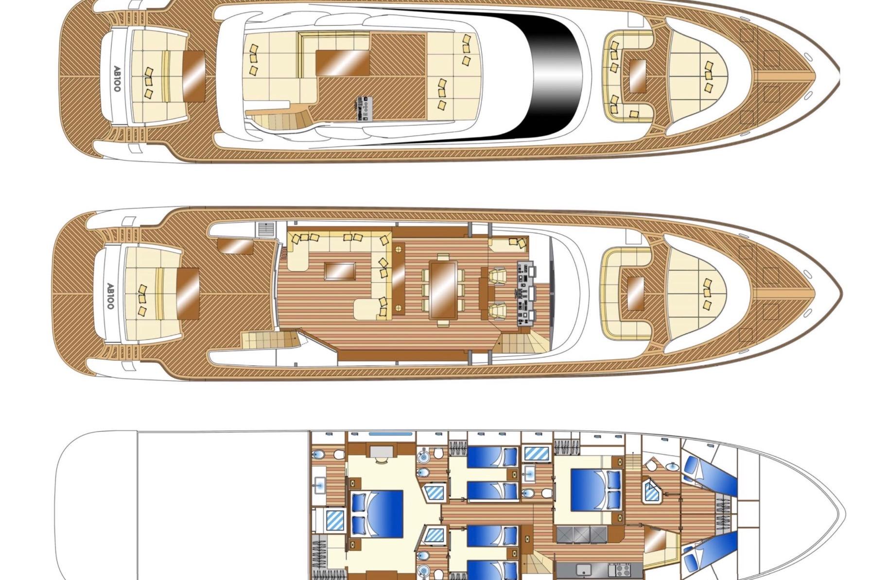 Deck layout of 2016 AB 100 yacht, showcasing multiple levels and luxurious interior design.