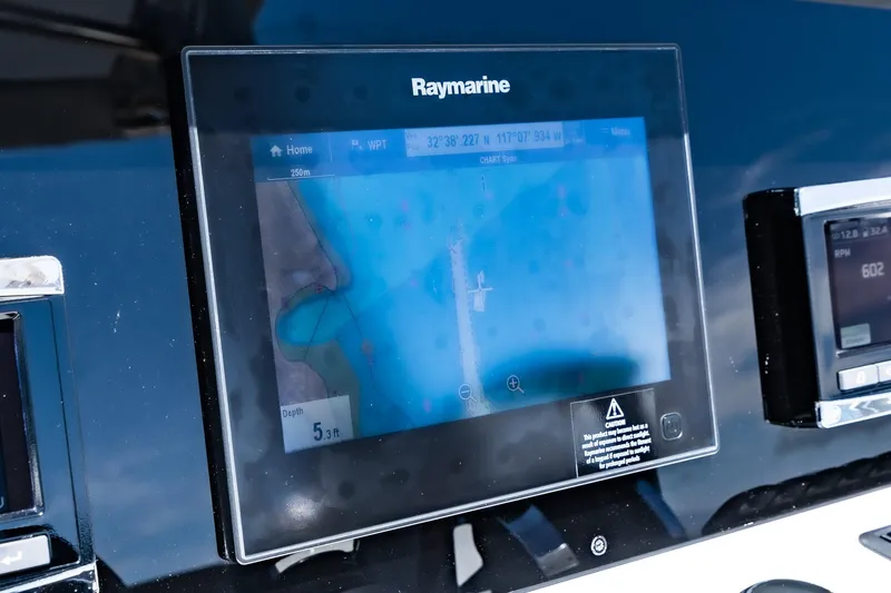 Intermezzo Yacht Photos Pics Raymarine navigation display on 2018 Fjord 36 Xpress boat dashboard.