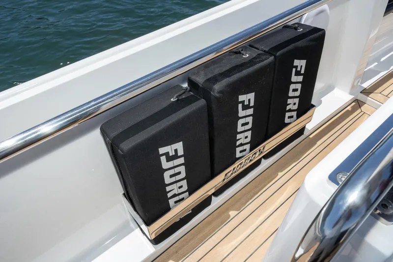 Intermezzo Yacht Photos Pics Fjord 36 Xpress 2018 boat with branded storage compartments on deck.