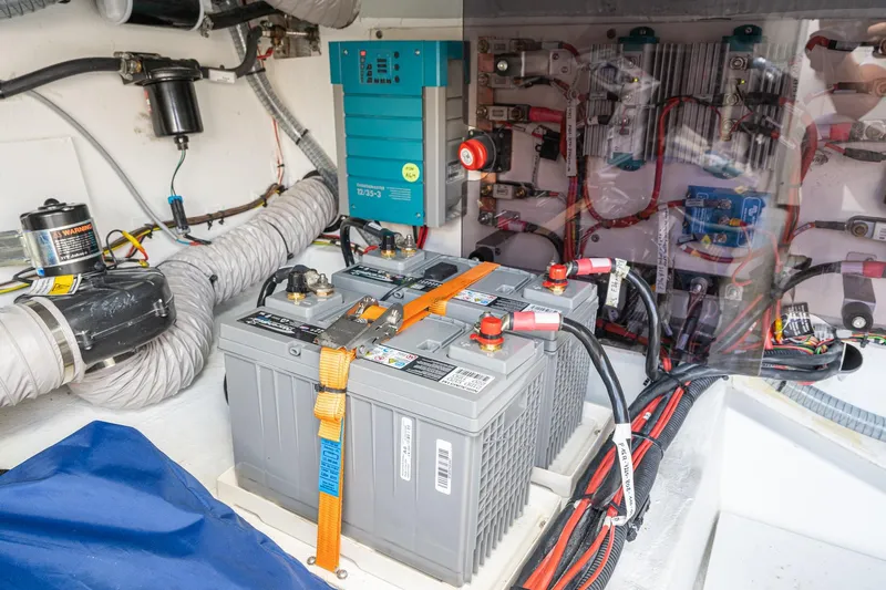Intermezzo Yacht Photos Pics Engine room of 2018 Fjord 36 Xpress with batteries and wiring system.