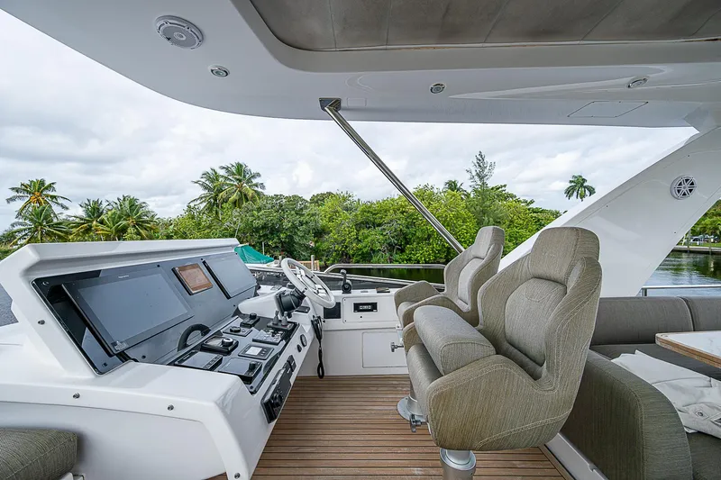 Evado Yacht Photos Pics Luxurious 2020 Azimut 66 yacht cockpit with plush seating and advanced navigation controls.