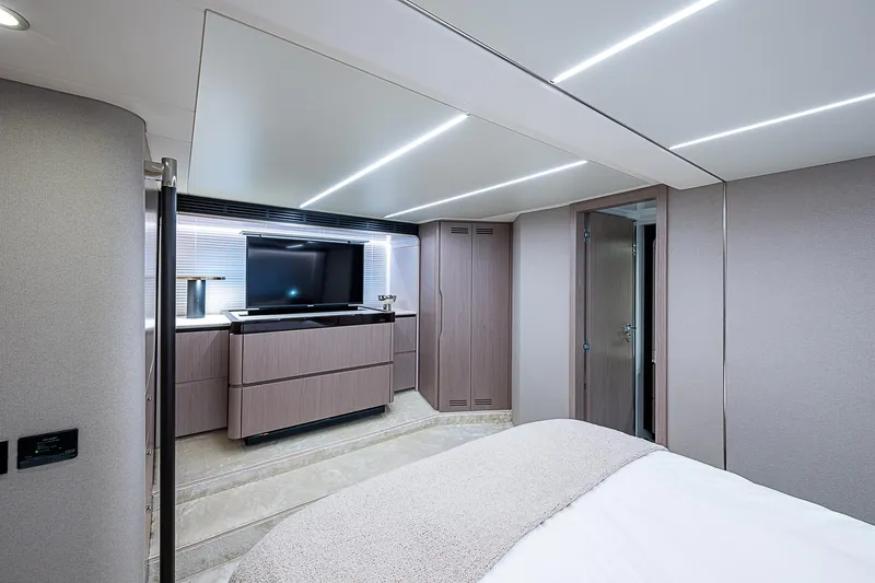 Evado Yacht Photos Pics Luxurious interior of 2020 Azimut 66 yacht with modern design and sleek furnishings.