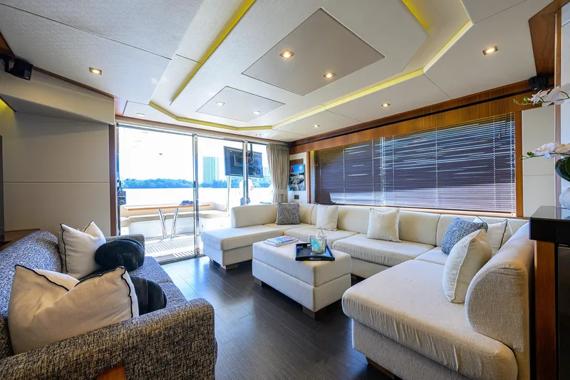 Catch The Wave Yacht Photos Pics Luxurious interior of 2014 Sunseeker Manhattan 73 yacht with modern seating and elegant decor.