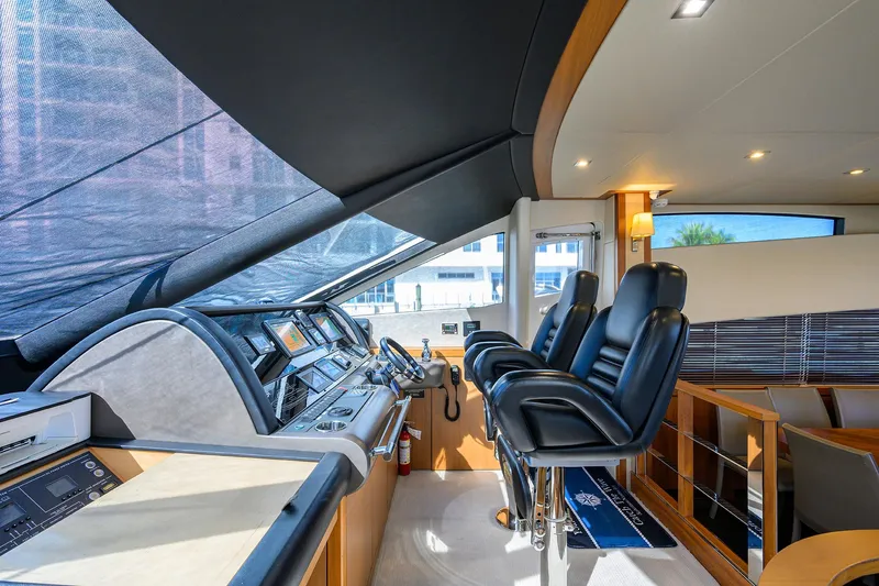 Catch The Wave Yacht Photos Pics Interior helm of 2014 Sunseeker Manhattan 73 yacht with modern controls and seating.