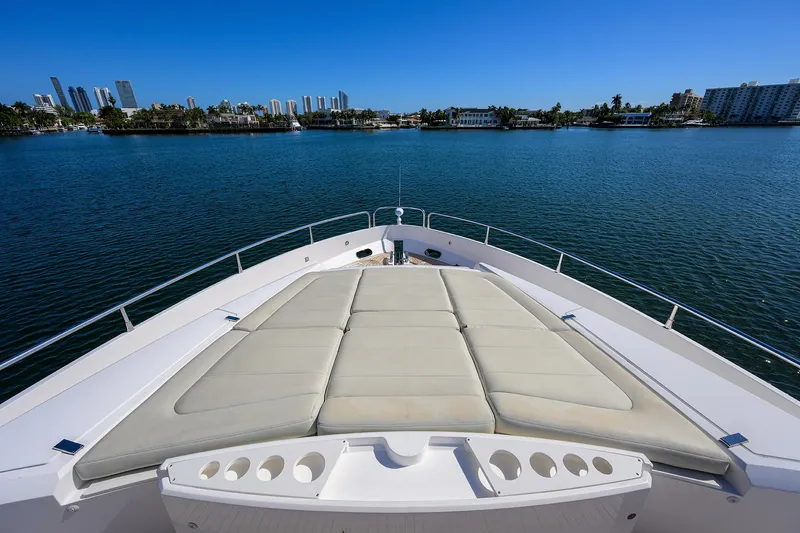 Catch The Wave Yacht Photos Pics Sunseeker Manhattan 73 yacht bow view, 2014 model, on calm water with city skyline.