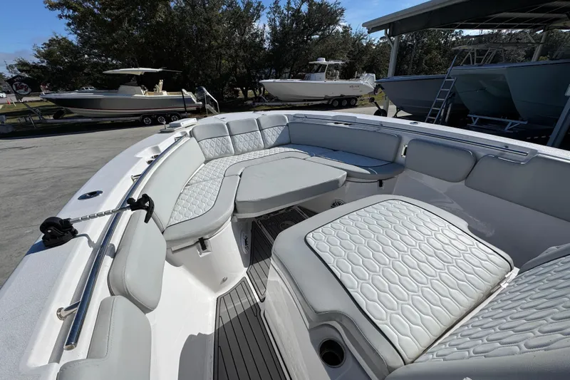  Yacht Photos Pics 2022 Sea Fox 288 Commander boat interior with luxurious seating and modern design.
