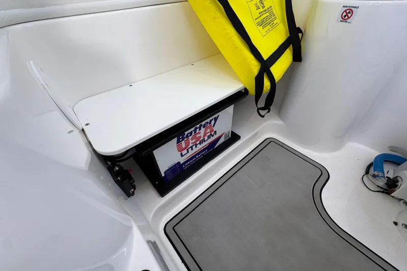  Yacht Photos Pics 2022 Sea Fox 288 Commander boat interior with lithium battery and safety equipment.