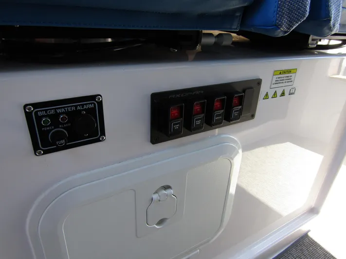 Empoleon Yacht Photos Pics Control panel of 2025 Axopar 37XC CROSS CABIN BRABUS Trim with bilge water alarm.