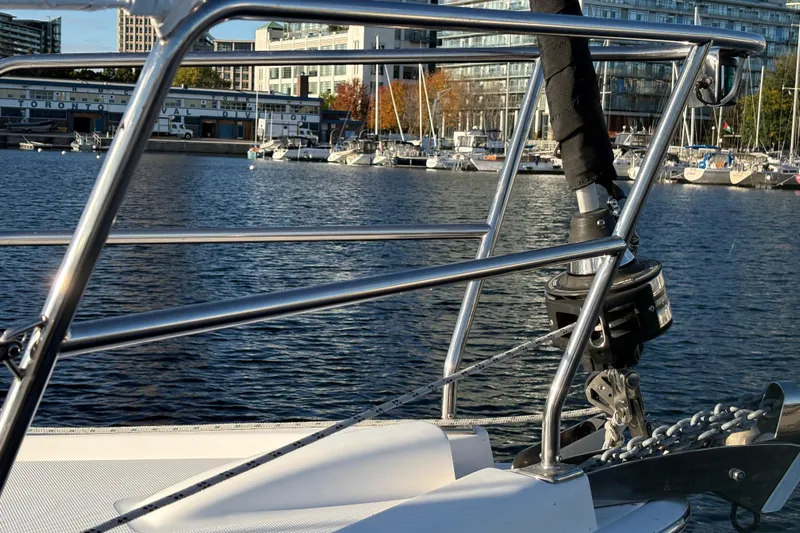 Tru Blu Yacht Photos Pics Sailboat bow with stainless steel railing, Hunter 39, 2010, docked in Toronto marina.