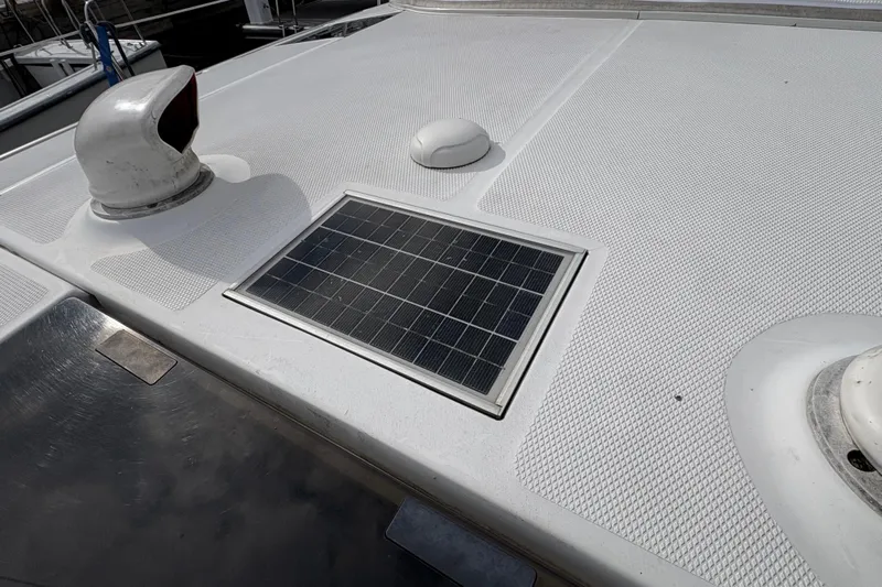 Tru Blu Yacht Photos Pics 2010 Hunter 39 yacht deck with solar panel and ventilation features.