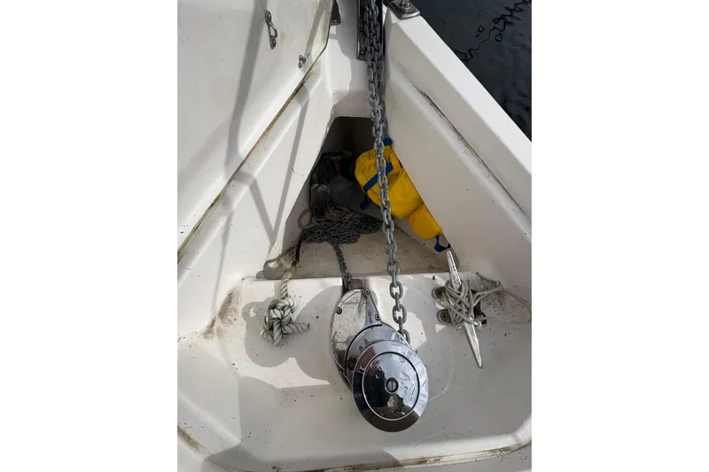 Tru Blu Yacht Photos Pics Anchor chain and equipment on 2010 Hunter 39 sailboat deck.