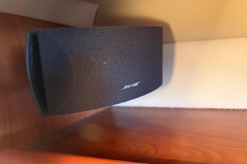 Tru Blu Yacht Photos Pics Bose speaker mounted on a 2010 Hunter 39 yacht's wooden interior.