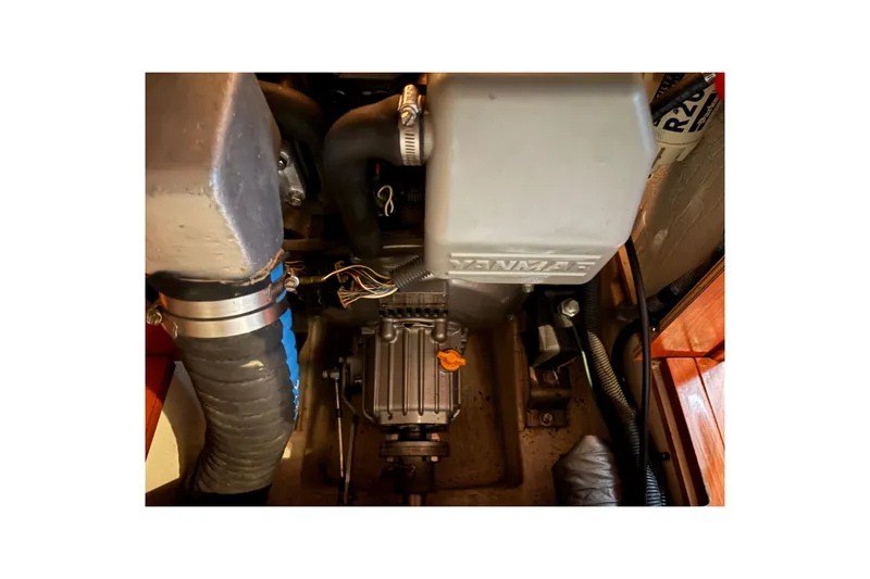 Tru Blu Yacht Photos Pics Engine compartment of a 2010 Hunter 39 sailboat with Yanmar engine.