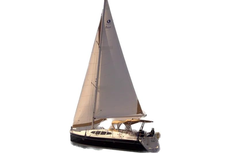 Tru Blu Yacht Photos Pics 2010 Hunter 39 sailboat with full sails, isolated on white background.