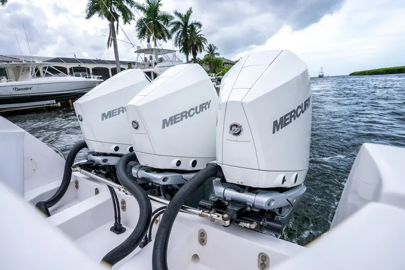 Yacht Photos Pics Triple Mercury outboard engines on a 2022 Intrepid 375 Nomad FE boat.