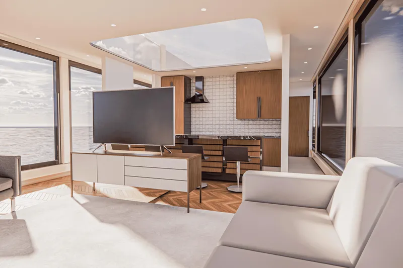  Yacht Photos Pics Modern living room with ocean view, featuring sleek furniture and a large TV, in a Custom E-Clipse 2026.