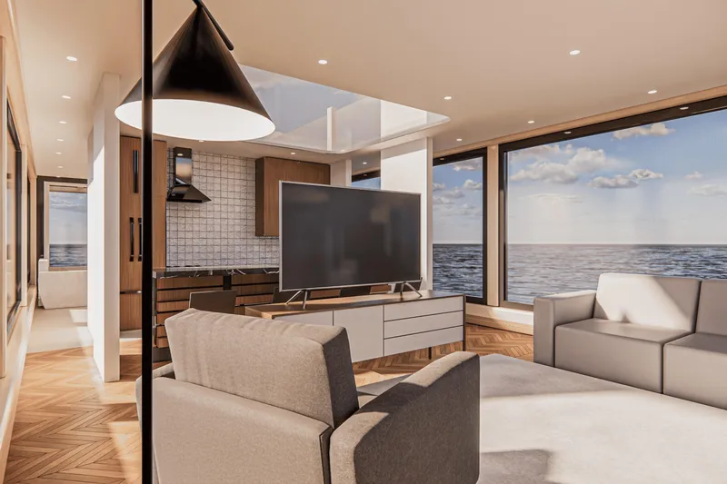  Yacht Photos Pics Modern living room with ocean view, featuring sleek furniture and large windows, aboard Custom E-Clipse 2026.