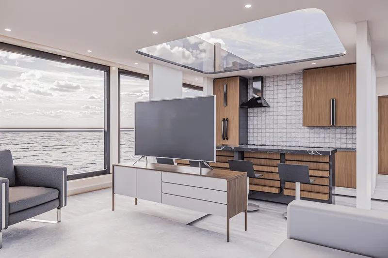  Yacht Photos Pics Modern yacht interior with ocean view, featuring sleek kitchen and living area, Custom E-Clipse 2026.