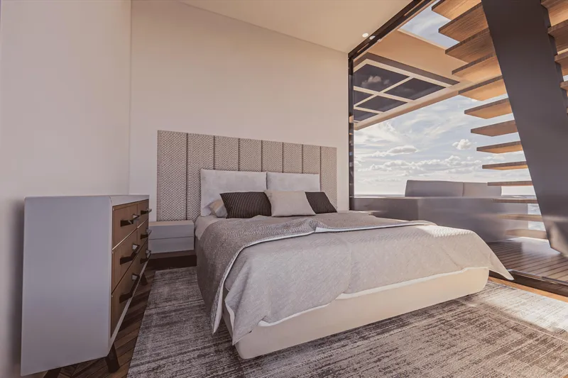  Yacht Photos Pics Modern bedroom with large window, stylish bed, and wooden dresser, featuring Custom E-Clipse 2026 design.