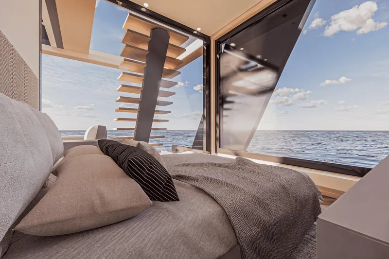  Yacht Photos Pics Luxurious bedroom with ocean view on Custom E-Clipse 2026 yacht.
